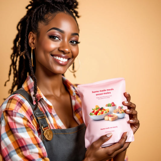 "Smiling food entrepreneur holding a packaged ready-to-eat meal, showcasing a scalable food safety system for startups. Perfect for growing businesses focusing on compliance and trust in food production."